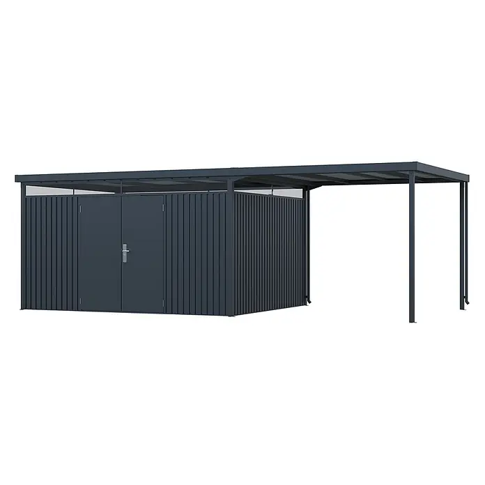 StarLine Metall Gerätehaus Solidum 19,60 m² - Außenbreite inkl. Dachüberstand: 668 cm, Außentiefe inkl. Dachüberstand: 314 cm, Metall, Anthrazit RAL 7016 - Dunkelgrauer Metall-Gartenschuppen mit integriertem Carport. Bietet Stauraum und überdachten Außenbereich.