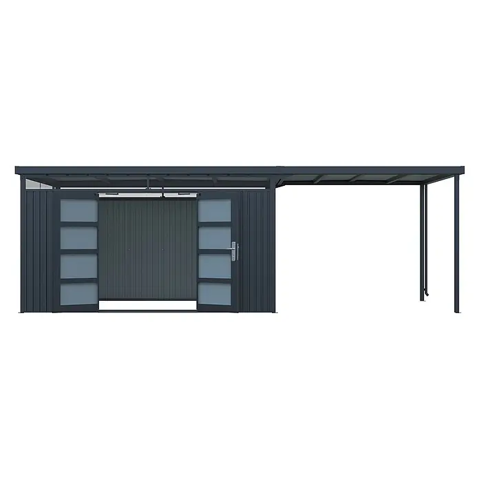 StarLine Metall Gerätehaus Solidum 19,60 m² - Außenbreite inkl. Dachüberstand: 668 cm, Außentiefe inkl. Dachüberstand: 314 cm, Metall, Anthrazit RAL 7016 - Dunkelgrauer Metallschuppen mit offenen Doppeltüren, Glaspaneelen und angeschlossener Überdachung.