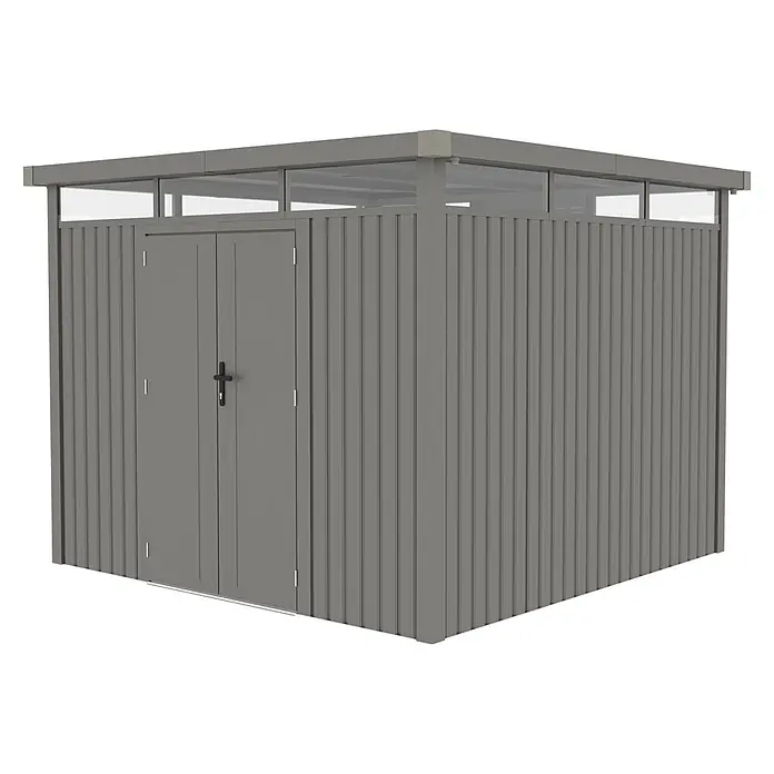 StarLine Metall Gerätehaus Style 7,56 m² Aluminium Grau - Außenbreite inkl. Dachüberstand: 294 cm, Außentiefe inkl. Dachüberstand: 294 cm, Metall, Aluminium Grau (RAL 9007) - Moderner grauer Metall-Gartenschuppen mit Flachdach, klaren Oberlichtern und Doppeltüren.