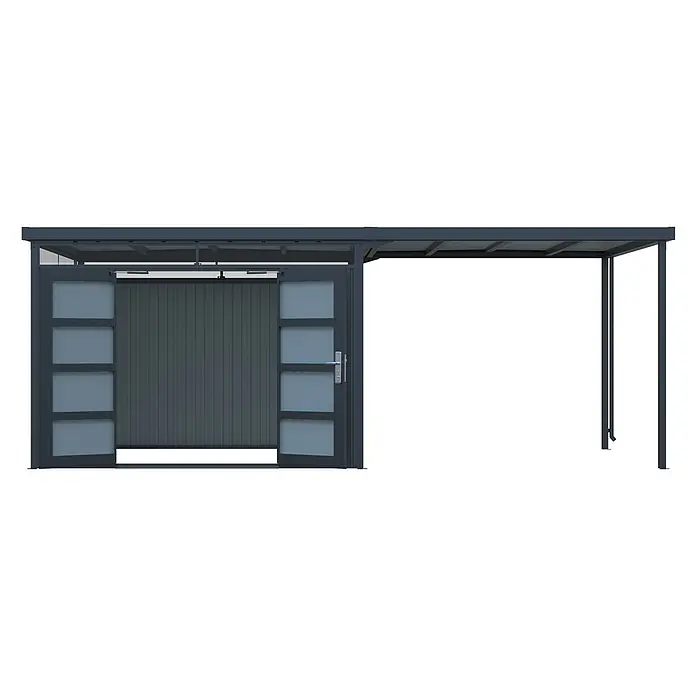 StarLine Metall Gerätehaus Solidum 17,22 m² - Außenbreite inkl. Dachüberstand: 588 cm, Außentiefe inkl. Dachüberstand: 314 cm, Metall, Anthrazit RAL 7016 - Dunkelgrauer Metall-Carport mit integriertem Geräteschuppen und lichtdurchlässigen Paneelen.