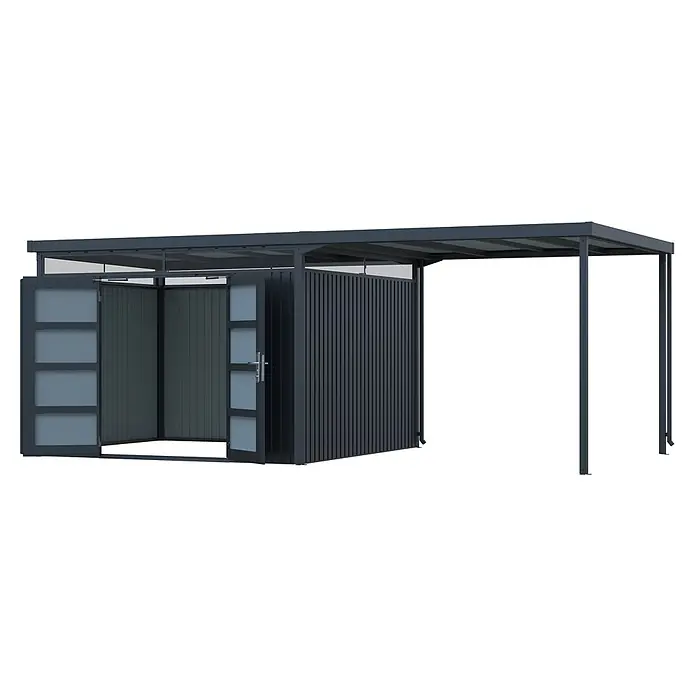 StarLine Metall Gerätehaus Solidum 17,22 m² - Außenbreite inkl. Dachüberstand: 588 cm, Außentiefe inkl. Dachüberstand: 314 cm, Metall, Anthrazit RAL 7016 - Dunkelgrauer Geräteschuppen mit Mattglasscheiben-Türen und integriertem Carport.