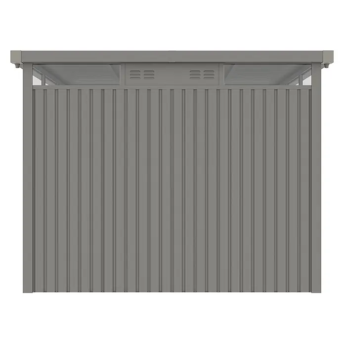 StarLine Metall Gerätehaus Style 7,56 m² Aluminium Grau - Außenbreite inkl. Dachüberstand: 294 cm, Außentiefe inkl. Dachüberstand: 294 cm, Metall, Aluminium Grau (RAL 9007) - Grauer Wellblech-Gartenschuppen mit oberen Lüftungsschlitzen und Fensterpaneel.