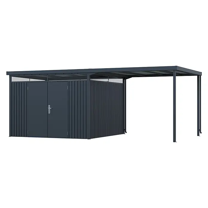 StarLine Metall Gerätehaus Solidum 17,22 m² - Außenbreite inkl. Dachüberstand: 588 cm, Außentiefe inkl. Dachüberstand: 314 cm, Metall, Anthrazit RAL 7016 - Dunkelgraues Metall-Gartenhaus mit vertikal geriffelten Paneelen, transparenten Dachelementen und integriertem Carport.