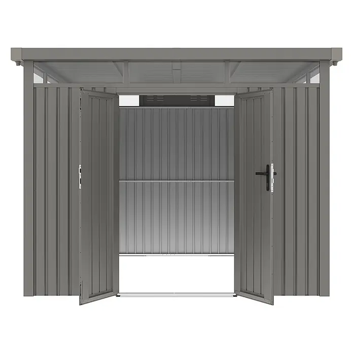 StarLine Metall Gerätehaus Style 7,56 m² Aluminium Grau - Außenbreite inkl. Dachüberstand: 294 cm, Außentiefe inkl. Dachüberstand: 294 cm, Metall, Aluminium Grau (RAL 9007) - Grauer Metall-Gartenschuppen mit offenen Doppeltüren, der geriffelte Innenwände und durchsichtige Oberpaneele zeigt.