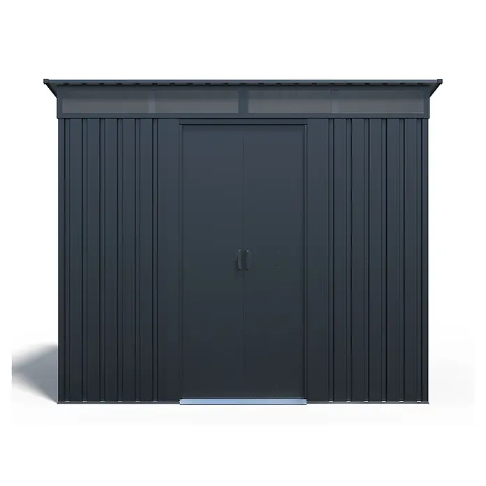 StarLine Metall Gerätehaus Lübeck 3,66 m² - Außenbreite inkl. Dachüberstand: 238 cm, Außentiefe inkl. Dachüberstand: 174 cm, Metall, Anthratit RAL 7016 - Dunkelgrauer Metall-Geräteschuppen mit Pultdach, doppelten Schiebetüren und lichtdurchlässigem Oberlicht.