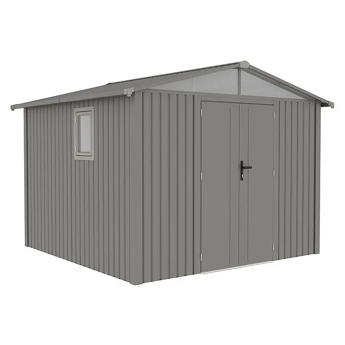 StarLine Metall Gerätehaus Trend 7,56 m² Alu Grau - Außenbreite inkl. Dachüberstand: 304 cm, Außentiefe inkl. Dachüberstand: 296 cm, Metall, Aluminium Grau (RAL 9007) - Graues Metall-Gartenhaus mit Fenster, Doppeltüren und durchsichtigem Dachteil.