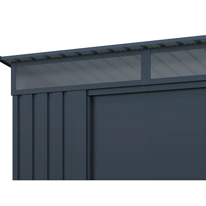StarLine Metall Gerätehaus Lübeck 3,66 m² - Außenbreite inkl. Dachüberstand: 238 cm, Außentiefe inkl. Dachüberstand: 174 cm, Metall, Anthratit RAL 7016 - Dunkelgraues Metallschuppendach mit lichtdurchlässigen oberen Paneelen.