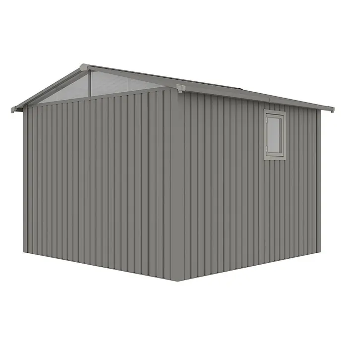 StarLine Metall Gerätehaus Trend 7,56 m² Alu Grau - Außenbreite inkl. Dachüberstand: 304 cm, Außentiefe inkl. Dachüberstand: 296 cm, Metall, Aluminium Grau (RAL 9007) - Graues Gartenhaus aus Metall mit vertikalen Paneelen, Schrägdach und kleinem Seitenfenster für den Außenbereich.
