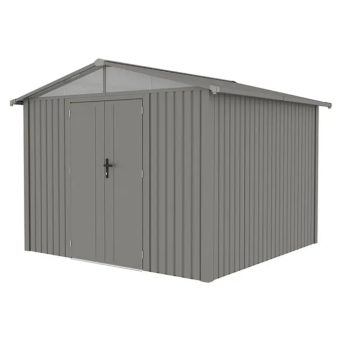 StarLine Metall Gerätehaus Trend 7,56 m² Alu Grau - Außenbreite inkl. Dachüberstand: 304 cm, Außentiefe inkl. Dachüberstand: 296 cm, Metall, Aluminium Grau (RAL 9007) - Grauer Metall-Gartenschuppen mit Wellblechwänden, Satteldach und transparenten Dachteilen für Tageslicht.