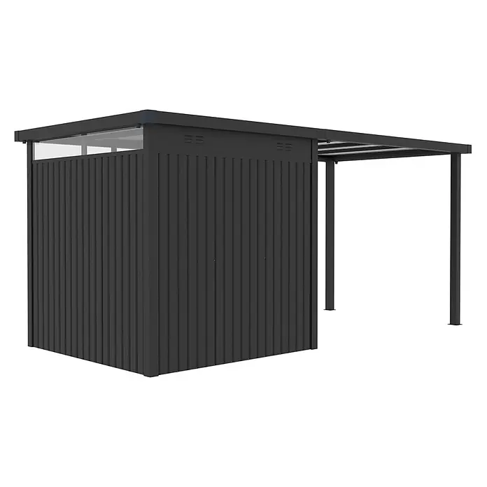 StarLine Metall Gerätehaus Style 4,45 m² Spar-Set 1 Anthrazit - Außenbreite inkl. Dachüberstand: 496 cm, Außentiefe inkl. Dachüberstand: 230 cm, Metall, Anthrazit - Dunkelgrauer Metallschuppen mit transluzenten Oberfeldern und integriertem Vordach.