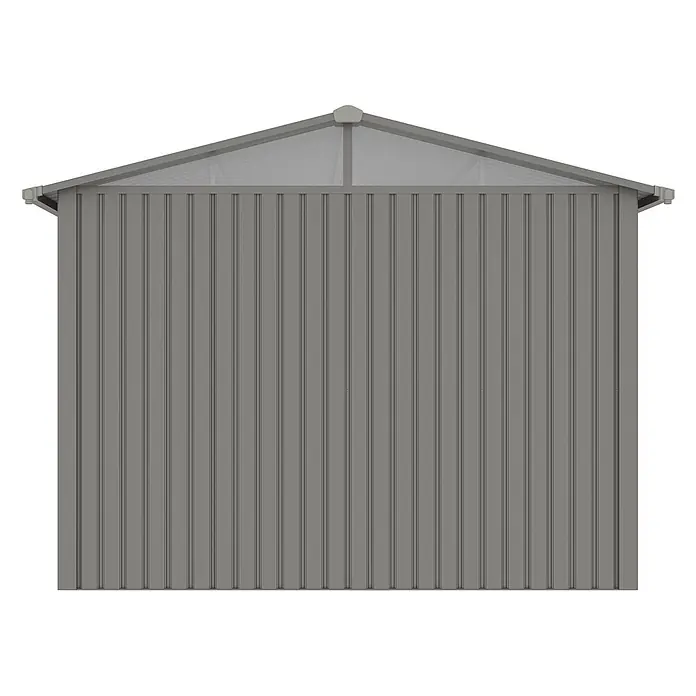 StarLine Metall Gerätehaus Trend 7,56 m² Alu Grau - Außenbreite inkl. Dachüberstand: 304 cm, Außentiefe inkl. Dachüberstand: 296 cm, Metall, Aluminium Grau (RAL 9007) - Vorderansicht eines grauen Metallschuppens mit Giebeldach und vertikalen Paneelen.