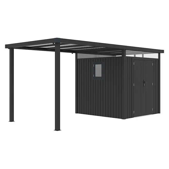 StarLine Metall Gerätehaus Style 4,45 m² Spar-Set 1 Anthrazit - Außenbreite inkl. Dachüberstand: 496 cm, Außentiefe inkl. Dachüberstand: 230 cm, Metall, Anthrazit - Dunkelgrauer Geräteschuppen mit kleinem Fenster und Doppeltüren, mit integriertem Carport.