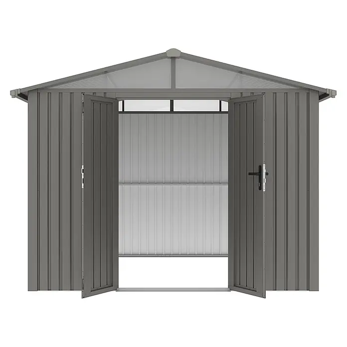 StarLine Metall Gerätehaus Trend 7,56 m² Alu Grau - Außenbreite inkl. Dachüberstand: 304 cm, Außentiefe inkl. Dachüberstand: 296 cm, Metall, Aluminium Grau (RAL 9007) - Frontansicht eines grauen Metall-Gartenschuppens mit geöffneten Doppeltüren und durchsichtigem Giebeldach.