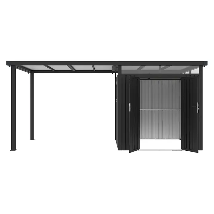 StarLine Metall Gerätehaus Style 4,45 m² Spar-Set 1 Anthrazit - Außenbreite inkl. Dachüberstand: 496 cm, Außentiefe inkl. Dachüberstand: 230 cm, Metall, Anthrazit - Schwarzes Metall-Carport mit integriertem Geräteschuppen, Türen geöffnet.