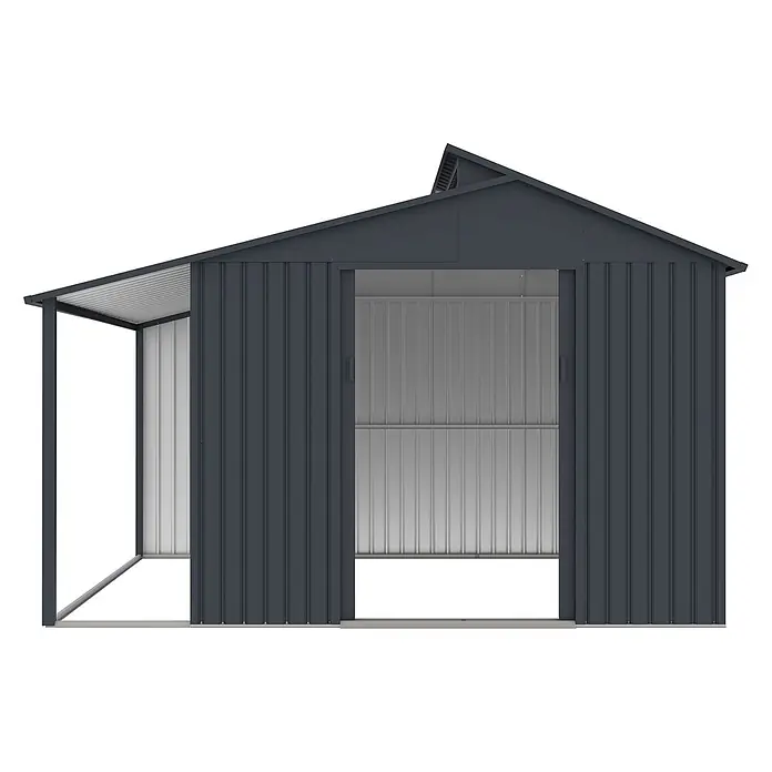 StarLine Metall Gerätehaus Viva Varianta 9,12 m² - Außenbreite inkl. Dachüberstand: 355 cm, Außentiefe inkl. Dachüberstand: 257 cm, Metall, Anthrazit - Dunkelgraues Metallgerätehaus mit angebautem Carport und offener Schiebetür.
