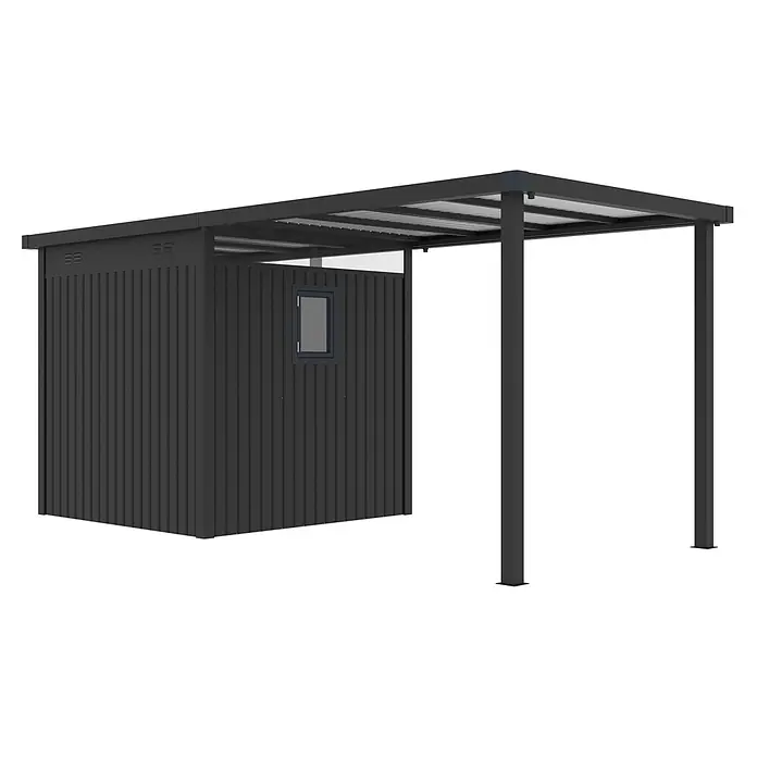 StarLine Metall Gerätehaus Style 4,45 m² Spar-Set 1 Anthrazit - Außenbreite inkl. Dachüberstand: 496 cm, Außentiefe inkl. Dachüberstand: 230 cm, Metall, Anthrazit - Dunkelgraues Metallgerätehaus mit vertikalen Paneelen und kleinem Fenster, verbunden mit offenem Carport mit Wellblechdach.