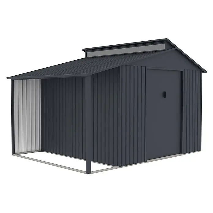 StarLine Metall Gerätehaus Viva Varianta 9,12 m² - Außenbreite inkl. Dachüberstand: 355 cm, Außentiefe inkl. Dachüberstand: 257 cm, Metall, Anthrazit - Dunkelgraues Metall-Gartenhaus mit Seitenüberdachung. Mit Schiebetür und Wellblechdach.