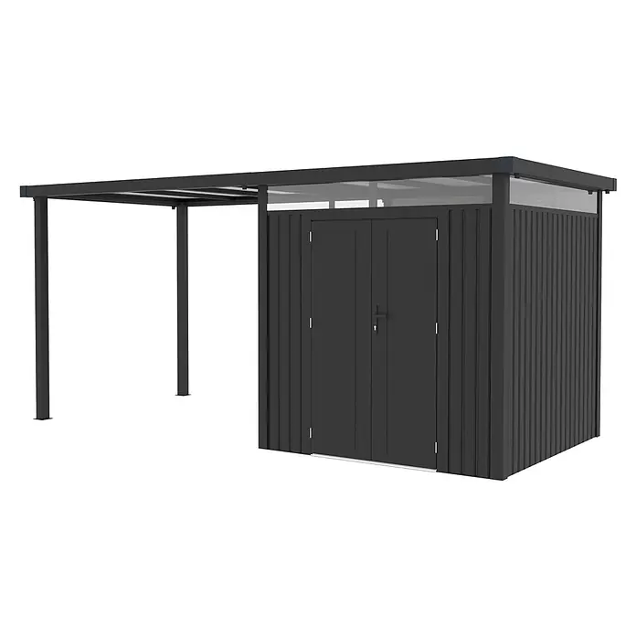 StarLine Metall Gerätehaus Style 4,45 m² Spar-Set 1 Anthrazit - Außenbreite inkl. Dachüberstand: 496 cm, Außentiefe inkl. Dachüberstand: 230 cm, Metall, Anthrazit - Dunkelgrauer Metall-Geräteschuppen mit integriertem Carport und transparenten Dachbereichen.