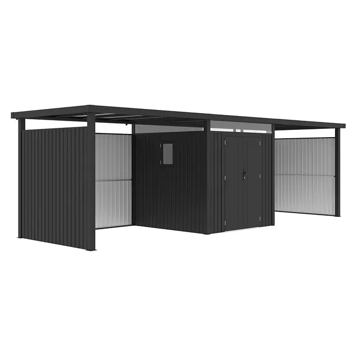 StarLine Metall Gerätehaus Style 4,45 m² Spar-Set 4 Anthrazit - Außenbreite inkl. Dachüberstand: 762 cm, Außentiefe inkl. Dachüberstand: 230 cm, Metall, Anthrazit - Dunkelgrauer Metall-Gartenschuppen mit überdachter Unterstand-/Carport-Erweiterung, mit Wellblechwänden und kleinem Fenster.