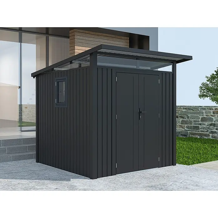 StarLine Metall Gerätehaus Skylight 4,45 m² Anthrazit - Außenbreite inkl. Dachüberstand: 225 cm, Außentiefe inkl. Dachüberstand: 253 cm, Metall - Dunkelgrauer Gartenschuppen aus Metall mit Pultdach, kleinem Fenster und Doppeltüren, im Freien auf einem gepflasterten Bereich.