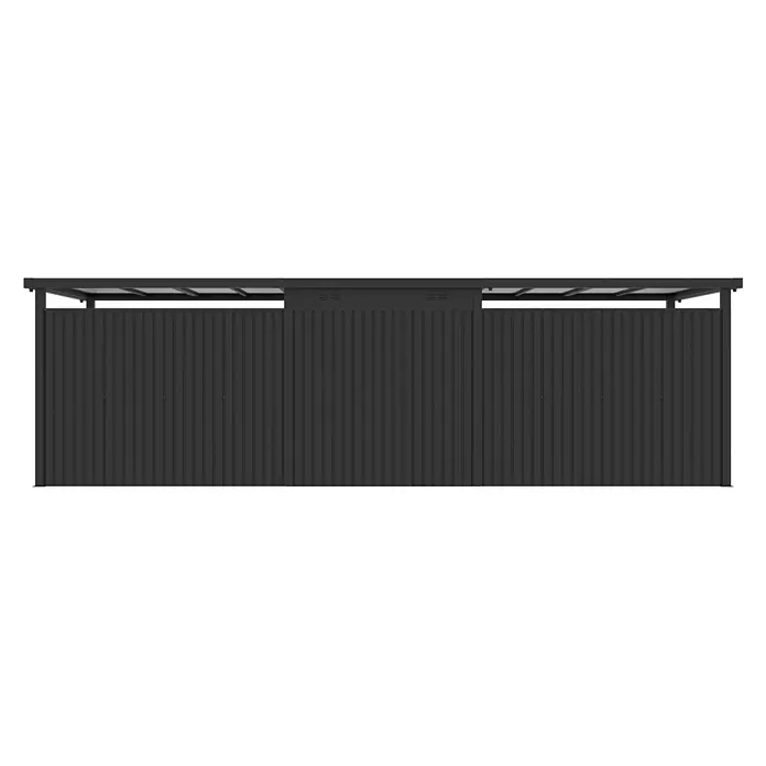 StarLine Metall Gerätehaus Style 4,45 m² Spar-Set 4 Anthrazit - Außenbreite inkl. Dachüberstand: 762 cm, Außentiefe inkl. Dachüberstand: 230 cm, Metall, Anthrazit - Dunkelgraue Wellblech-Aufbewahrungseinheit mit offenem Dach und zentralen Lüftungsschlitzen.