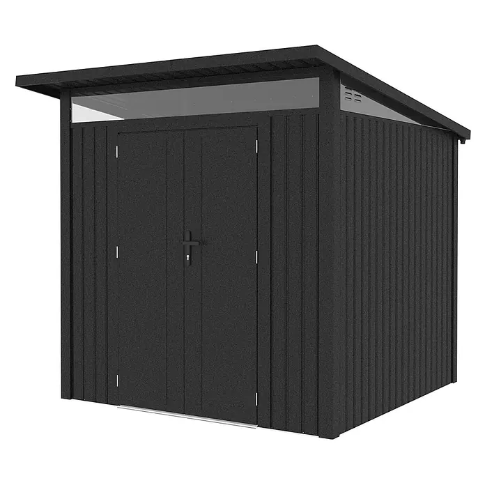 StarLine Metall Gerätehaus Skylight 4,45 m² Anthrazit - Außenbreite inkl. Dachüberstand: 225 cm, Außentiefe inkl. Dachüberstand: 253 cm, Metall - Dunkelgrauer Metall-Gartenschuppen mit Pultdach, transparenten Paneelen und Doppeltüren.
