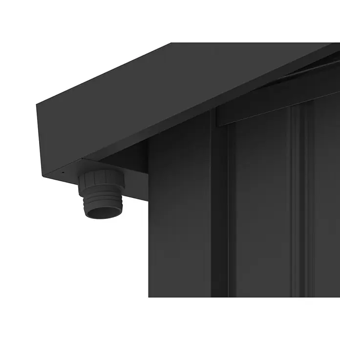 StarLine Metall Gerätehaus Skylight 4,45 m² Anthrazit - Außenbreite inkl. Dachüberstand: 225 cm, Außentiefe inkl. Dachüberstand: 253 cm, Metall - Schwarzer Entwässerungsstutzen mit geripptem Oberteil, unter einem dunkelgrauen Rahmen befestigt.