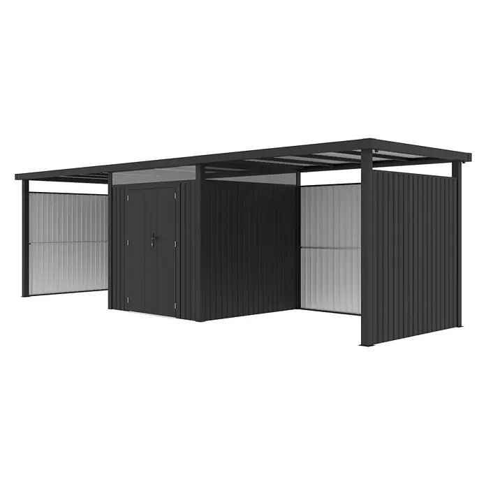 StarLine Metall Gerätehaus Style 4,45 m² Spar-Set 4 Anthrazit - Außenbreite inkl. Dachüberstand: 762 cm, Außentiefe inkl. Dachüberstand: 230 cm, Metall, Anthrazit - Dunkelgraues Metall-Gartenhaus mit integrierten offenen Unterständen.