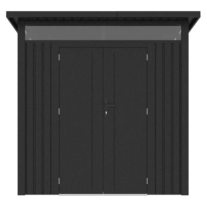 StarLine Metall Gerätehaus Skylight 4,45 m² Anthrazit - Außenbreite inkl. Dachüberstand: 225 cm, Außentiefe inkl. Dachüberstand: 253 cm, Metall - Moderner schwarzer Metall-Gartenschuppen mit Pultdach, Oberlicht und Doppeltüren mit Griff und Schloss.