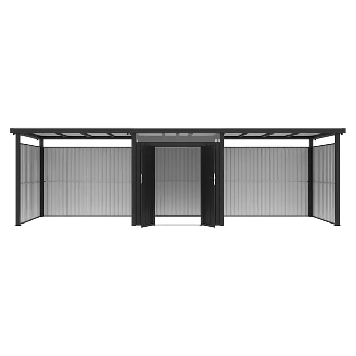 StarLine Metall Gerätehaus Style 4,45 m² Spar-Set 4 Anthrazit - Außenbreite inkl. Dachüberstand: 762 cm, Außentiefe inkl. Dachüberstand: 230 cm, Metall, Anthrazit - Dunkelgraues Metallgerätehaus mit Wellblechwänden und zwei geöffneten Türen.