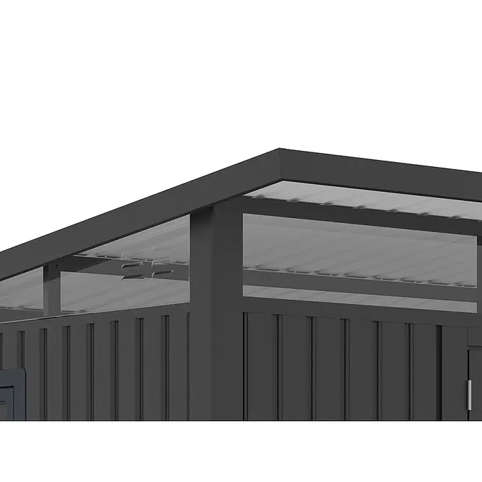 StarLine Metall Gerätehaus Skylight 5,80 m² Anthrazit - Außenbreite inkl. Dachüberstand: 289 cm, Außentiefe inkl. Dachüberstand: 253 cm, Metall, Anthrazit - Dunkelgrauer Metallschuppen mit Wellblechwänden und durchscheinenden oberen Paneelen.