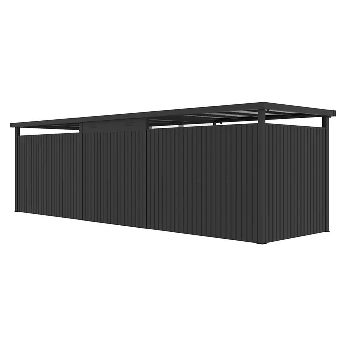 StarLine Metall Gerätehaus Style 4,45 m² Spar-Set 4 Anthrazit - Außenbreite inkl. Dachüberstand: 762 cm, Außentiefe inkl. Dachüberstand: 230 cm, Metall, Anthrazit - Schwarzer Metall-Outdoor-Lagerschuppen mit Wellblechseiten und Lamellendach.