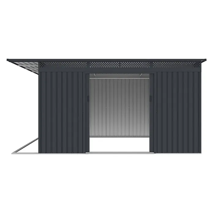 StarLine Metall Gerätehaus Berlin 11,93 m² - Außenbreite inkl. Dachüberstand: 397 cm, Außentiefe inkl. Dachüberstand: 333 cm, Metall, Anthrazit - Dunkelgraues Metall-Lagerschuppen mit Schiebetüren und perforierter Oberseite zur Belüftung.