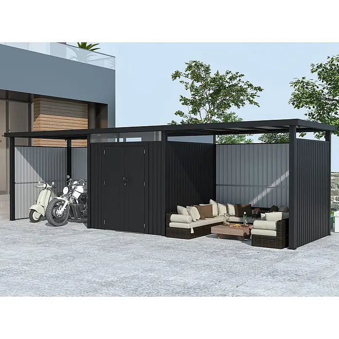 StarLine Metall Gerätehaus Style 4,45 m² Spar-Set 4 Anthrazit - Außenbreite inkl. Dachüberstand: 762 cm, Außentiefe inkl. Dachüberstand: 230 cm, Metall, Anthrazit - Schwarzer, multifunktionaler Metallcarport und Schuppen mit integriertem Außenloungebereich.