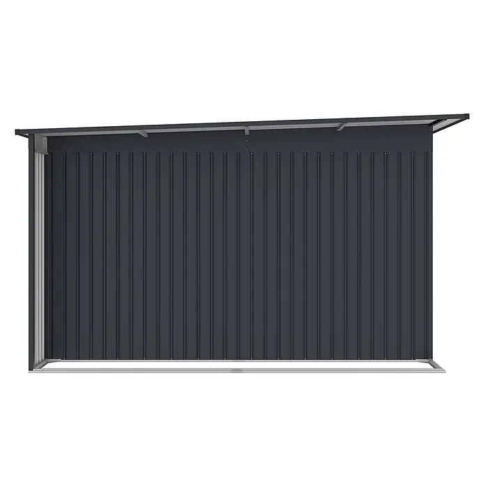 StarLine Metall Gerätehaus Berlin 11,93 m² - Außenbreite inkl. Dachüberstand: 397 cm, Außentiefe inkl. Dachüberstand: 333 cm, Metall, Anthrazit - Dunkelgrauer Wellblechschuppen mit schrägem Dach und sichtbarem hellgrauem Metallrahmen.