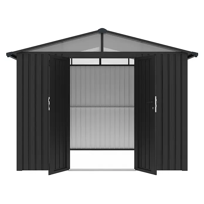 StarLine Metall Gerätehaus Trend 7,56 m² Anthrazit - Außenbreite inkl. Dachüberstand: 304 cm, Außentiefe inkl. Dachüberstand: 296 cm, Metall, Anthrazit - Dunkelgrauer Metall-Gartenschuppen mit offenen Doppeltüren, der einen hellgrauen Innenraum und hohe Fenster zeigt.
