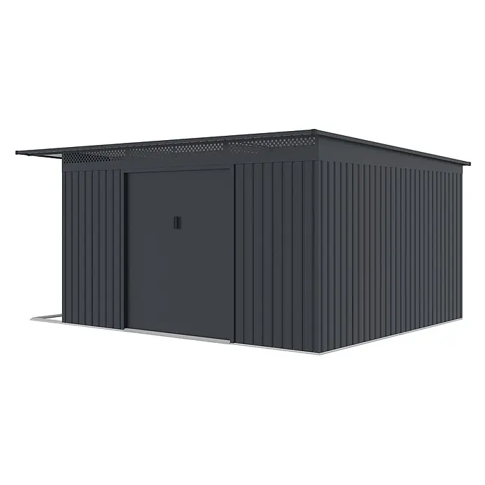 StarLine Metall Gerätehaus Berlin 11,93 m² - Außenbreite inkl. Dachüberstand: 397 cm, Außentiefe inkl. Dachüberstand: 333 cm, Metall, Anthrazit - Dunkelgraues Metall-Gartenhaus mit Einzeltür, Pultdach und integrierter Belüftung.