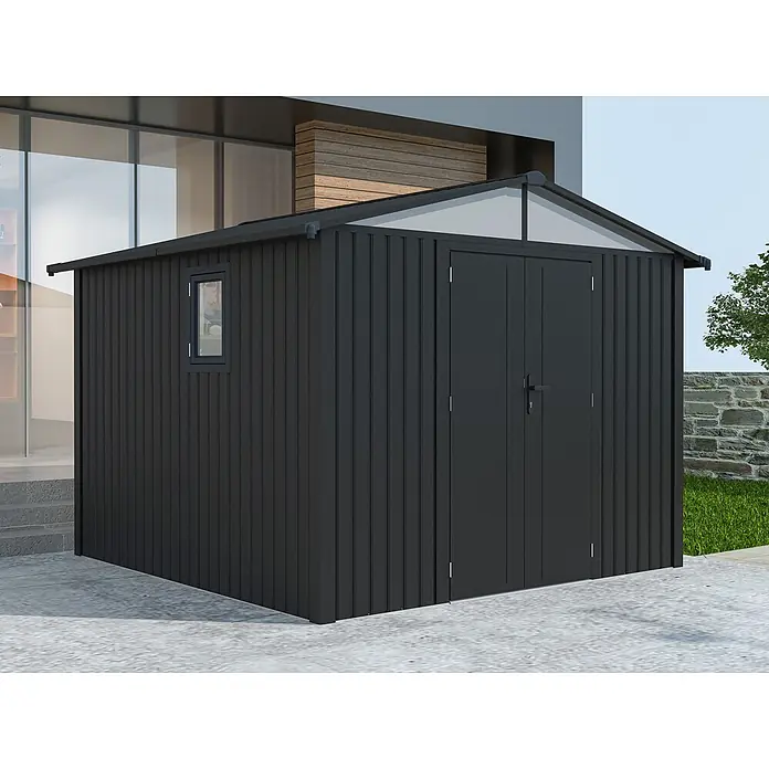 StarLine Metall Gerätehaus Trend 7,56 m² Anthrazit - Außenbreite inkl. Dachüberstand: 304 cm, Außentiefe inkl. Dachüberstand: 296 cm, Metall, Anthrazit - Dunkelgraues Metall-Gartenhaus mit Giebeldach, kleinem Fenster und Doppeltüren, ideal für moderne Aufbewahrung im Freien.
