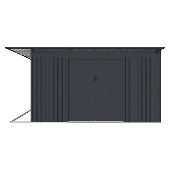 StarLine Metall Gerätehaus Berlin 11,93 m² - Außenbreite inkl. Dachüberstand: 397 cm, Außentiefe inkl. Dachüberstand: 333 cm, Metall, Anthrazit - Dunkelgrauer Metall-Geräteschuppen mit Pultdach, Doppeltür und Wellblechwänden.