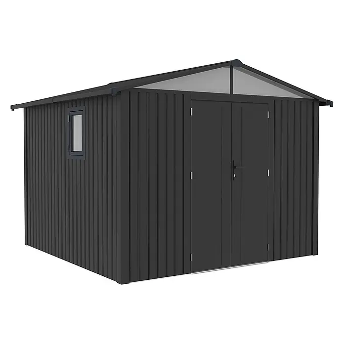 StarLine Metall Gerätehaus Trend 7,56 m² Anthrazit - Außenbreite inkl. Dachüberstand: 304 cm, Außentiefe inkl. Dachüberstand: 296 cm, Metall, Anthrazit - Dunkelgraues Metall-Gartenhaus mit Fenster und Doppeltüren für die Gartenlagerung.