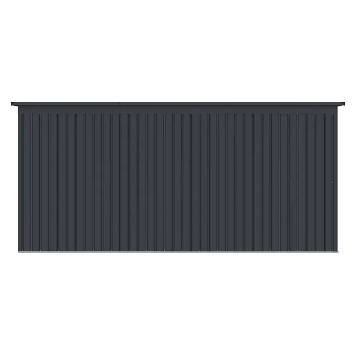 StarLine Metall Gerätehaus Berlin 11,93 m² - Außenbreite inkl. Dachüberstand: 397 cm, Außentiefe inkl. Dachüberstand: 333 cm, Metall, Anthrazit - Dunkelgraue gerippte Metallwandplatte mit Oberblende, ideal für Schuppen oder Einhausungen.