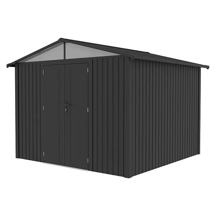 StarLine Metall Gerätehaus Trend 7,56 m² Anthrazit - Außenbreite inkl. Dachüberstand: 304 cm, Außentiefe inkl. Dachüberstand: 296 cm, Metall, Anthrazit - Dunkelgrauer Geräteschuppen aus Wellblech mit Doppeltüren und einem Giebeldach mit transluzenter Platte.