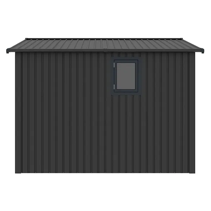 StarLine Metall Gerätehaus Trend 7,56 m² Anthrazit - Außenbreite inkl. Dachüberstand: 304 cm, Außentiefe inkl. Dachüberstand: 296 cm, Metall, Anthrazit - Dunkelgraues Gartenhaus mit vertikaler Verkleidung, Wellblechdach und einem kleinen Fenster.