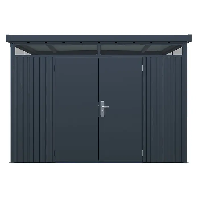 StarLine Metall Gerätehaus Solidum 9,0 m² - Außenbreite inkl. Dachüberstand: 314 cm, Außentiefe inkl. Dachüberstand: 314 cm, Metall, Anthrazit RAL 7016 - Dunkelgrauer Metall-Gartenschrank mit Doppeltüren und durchscheinenden Oberpaneelen.