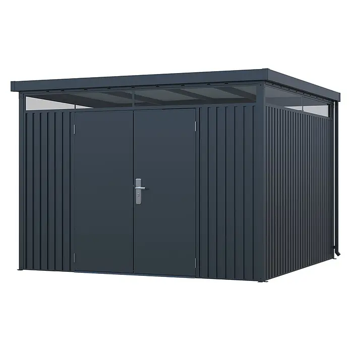 StarLine Metall Gerätehaus Solidum 9,0 m² - Außenbreite inkl. Dachüberstand: 314 cm, Außentiefe inkl. Dachüberstand: 314 cm, Metall, Anthrazit RAL 7016 - Dunkelgraues Metall-Gerätehaus mit Doppeltüren, silbernem Griff und lichtdurchlässigen oberen Paneelen.