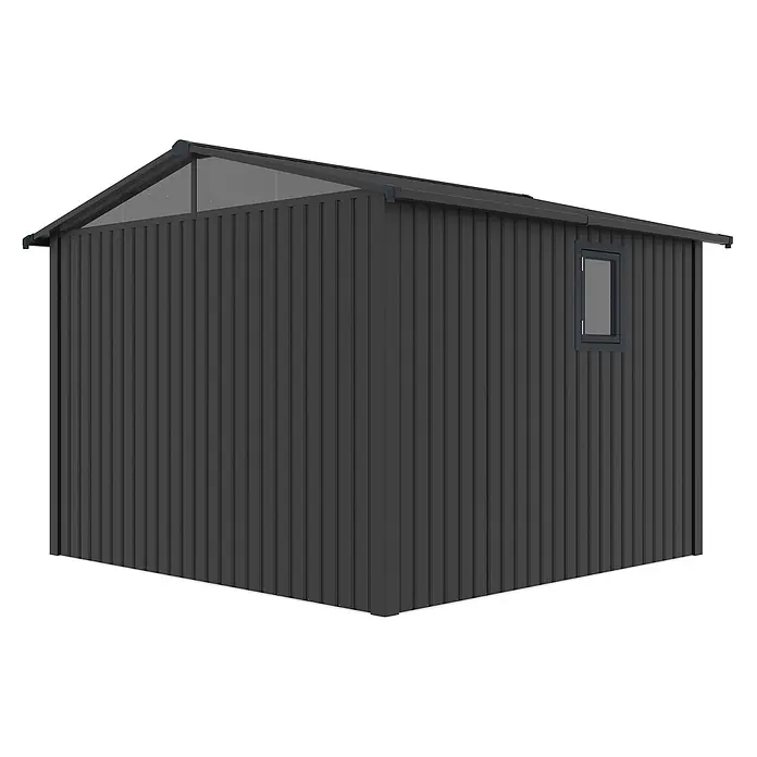 StarLine Metall Gerätehaus Trend 7,56 m² Anthrazit - Außenbreite inkl. Dachüberstand: 304 cm, Außentiefe inkl. Dachüberstand: 296 cm, Metall, Anthrazit - Dunkelgrauer Metall-Gartenschuppen mit vertikalen Paneelen, Seitenfenster und transparenten oberen Paneelen.