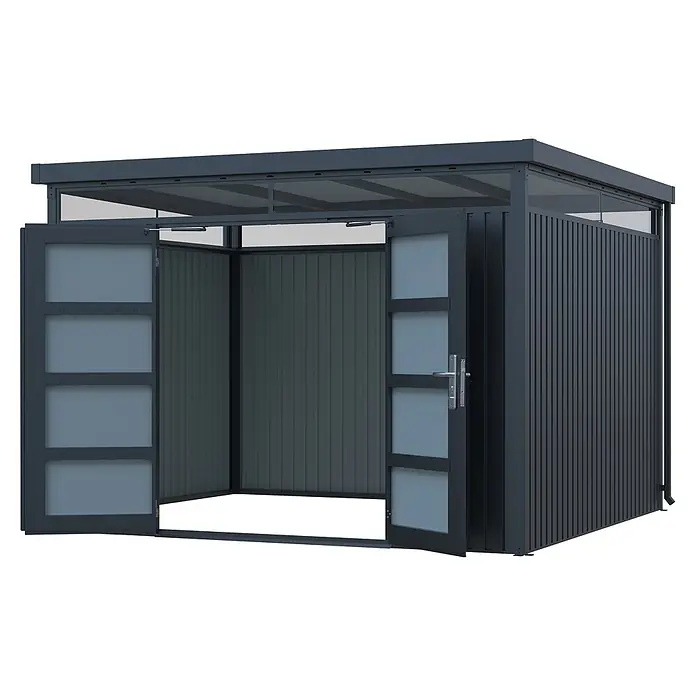 StarLine Metall Gerätehaus Solidum 9,0 m² - Außenbreite inkl. Dachüberstand: 314 cm, Außentiefe inkl. Dachüberstand: 314 cm, Metall, Anthrazit RAL 7016 - Anthrazitfarbener Metall-Gartenschuppen mit offenen lichtdurchlässigen Türen und transparentem Dach.