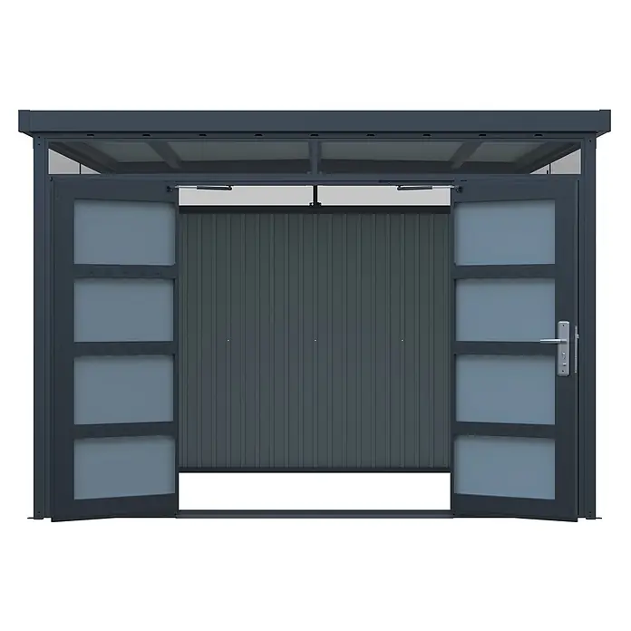 StarLine Metall Gerätehaus Solidum 9,0 m² - Außenbreite inkl. Dachüberstand: 314 cm, Außentiefe inkl. Dachüberstand: 314 cm, Metall, Anthrazit RAL 7016 - Dunkelgraues Metall-Lagerhaus mit offenen Doppeltüren, transluzenten Paneelen und Haken. Türen mit Gasfedern ausgestattet.