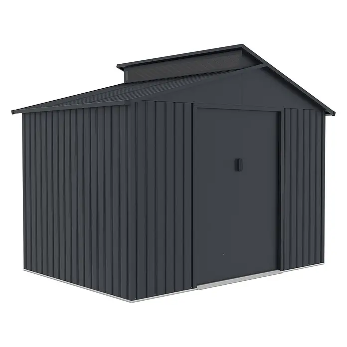StarLine Metall Gerätehaus Viva 5,44 m² - Außenbreite inkl. Dachüberstand: 282 cm, Außentiefe inkl. Dachüberstand: 193 cm, Metall, Anthrazit - Dunkelgraues Wellblech-Gartenhaus mit Satteldach, integrierter Belüftung und doppelten Schiebetüren.