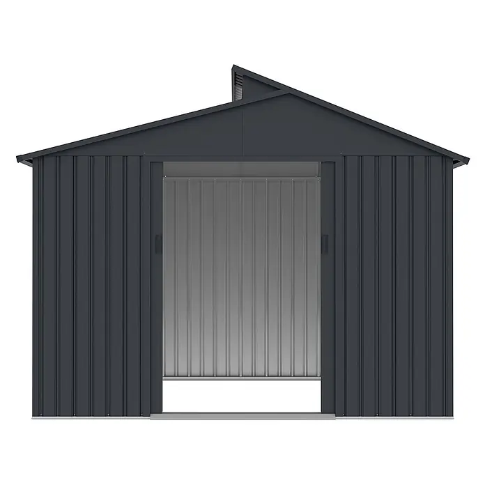 StarLine Metall Gerätehaus Viva 5,44 m² - Außenbreite inkl. Dachüberstand: 282 cm, Außentiefe inkl. Dachüberstand: 193 cm, Metall, Anthrazit - Dunkelgraues Metall-Gartenhaus mit Pultdach und teilweise geöffneter Doppelschiebetür.